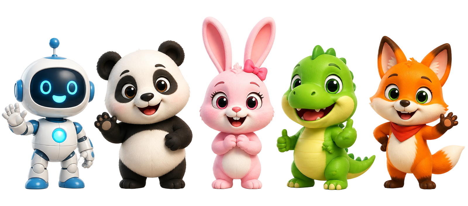 BalGuru characters: Robo the robot, Pogo the panda, Mimi the bunny, Rex the dinosaur and Foxy the fox