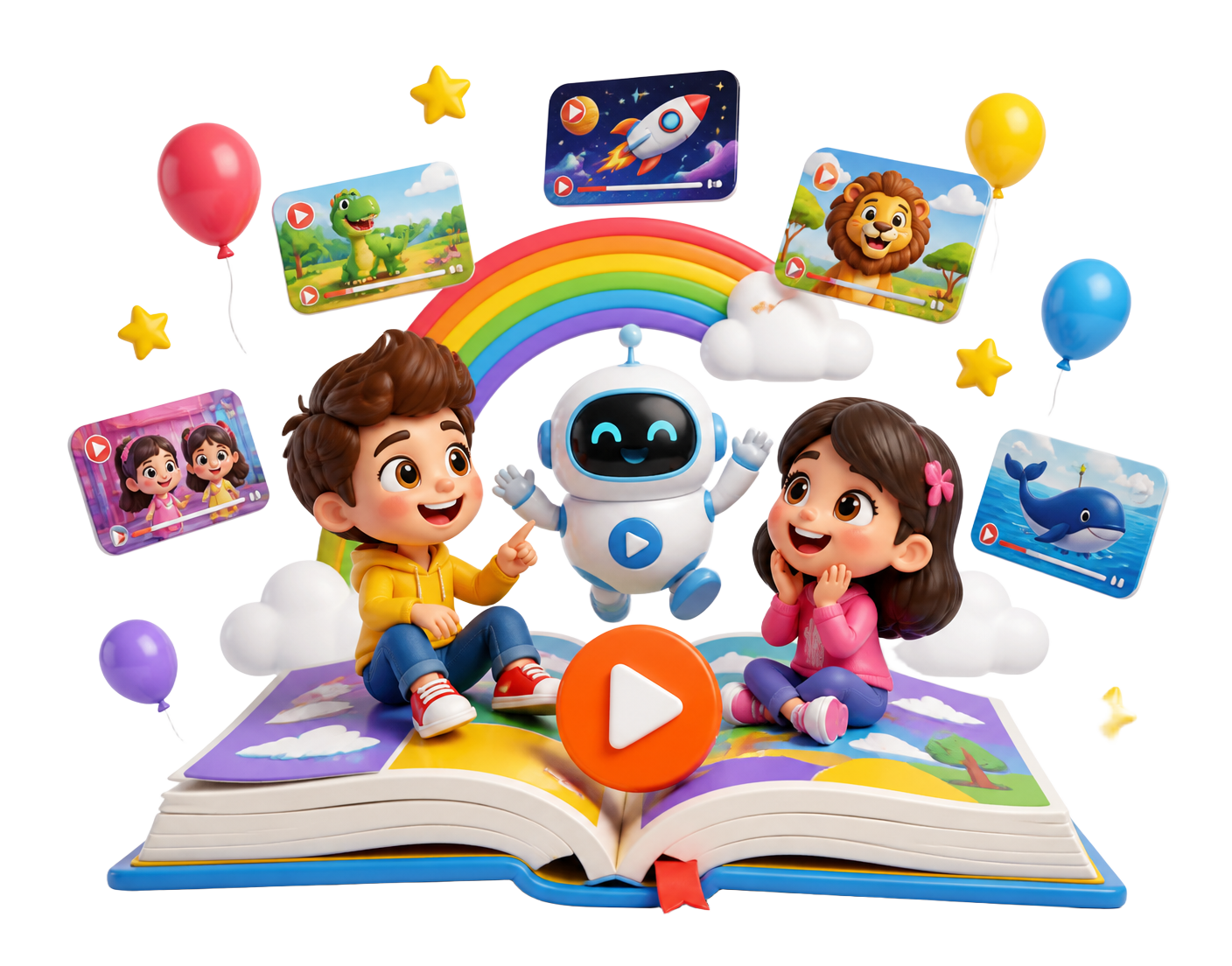 Two children sitting on a giant open book with a friendly robot, floating video cards and a rainbow