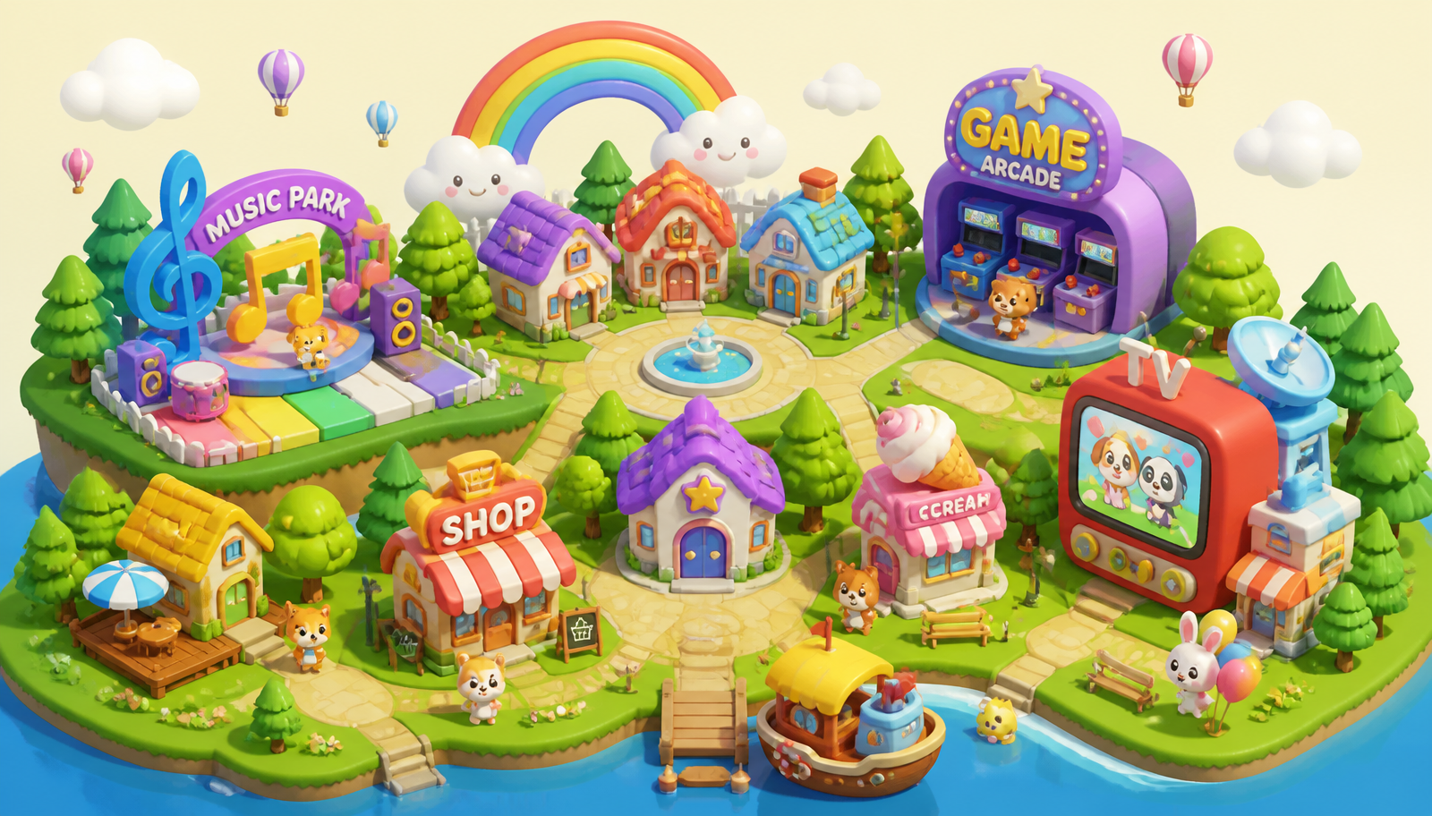 Colorful 3D BalGuru village with a music park, game arcade, houses and a rainbow